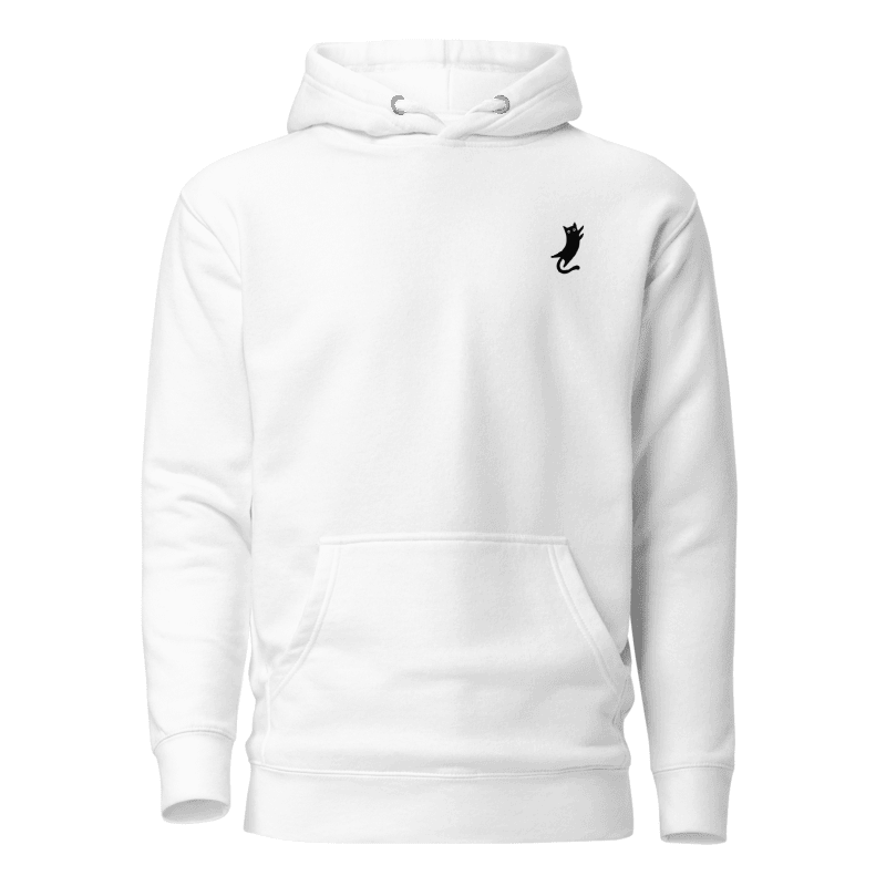 Front view of the premium and limited edition white hoodie from Kashiba U with cat logo at upper left. Shop trendy graphic hoodie from Kashiba U online. Buy Now!