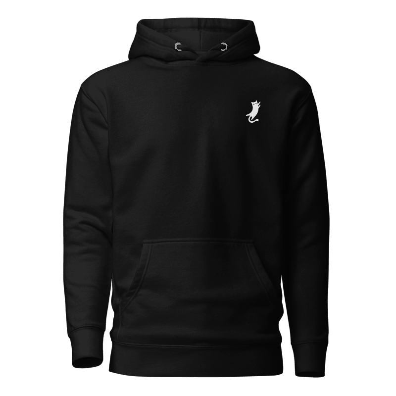 Front view of the premium and limited edition black hoodie from Kashiba U with cat logo at upper left. Shop trendy graphic hoodie from Kashiba U online. Buy Now!