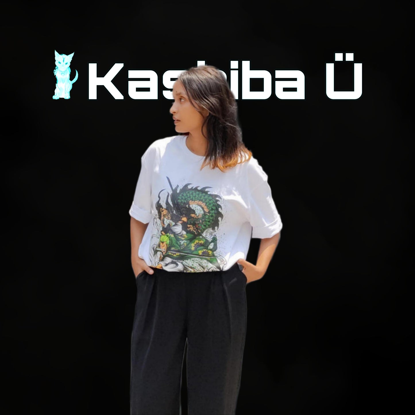 Front view of the model showcasing the premium oversized white t-shirt from Kashiba U with design inspired by Roronoa Zoro in Asura form from Wano Arc from the anime One Piece. Shop trendy premium t-shirt from Kashiba U online. Buy Now!