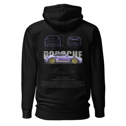 Back view of the premium and limited edition black hoodie from Kashiba U with cool design inspired by Porsche Blueprint printed at the back. Shop trendy graphic hoodie from Kashiba U online. Buy Now!