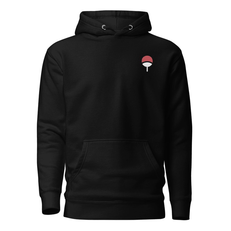 Front view of the premium and limited edition oversized black hoodie from Kashiba U will cool design inspired by Uchiha Clan Logo printed at upper left at front of the hoodie from the anime Naruto Shippuden. Shop trendy graphic hoodie from Kashiba U online. Buy Now!