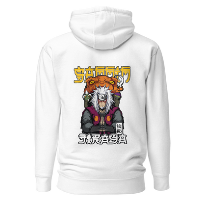 Back view of the premium and limited edition oversized white hoodie from Kashiba U will cool design inspired by Jiraya Sage Mode from anime Naruto printed at the back. Shop trendy graphic hoodie from Kashiba U online. Buy Now!