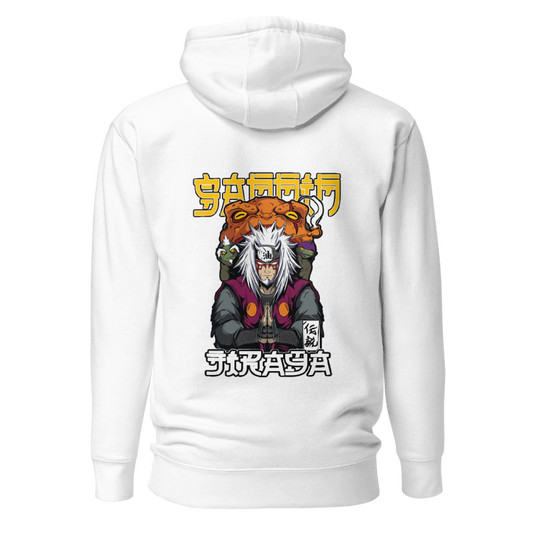 Back view of the premium and limited edition oversized white hoodie from Kashiba U will cool design inspired by Jiraya Sage Mode from anime Naruto printed at the back. Shop trendy graphic hoodie from Kashiba U online. Buy Now!